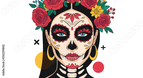 Vibrant dia de los muertos skull face portrait with floral crown and festive elements