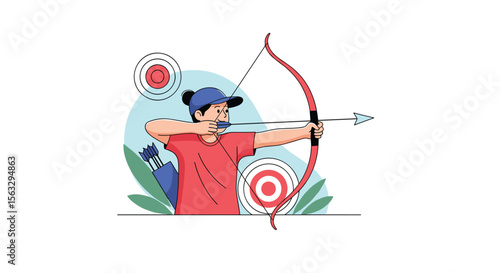 Archer concentrates on target aiming with bow and arrow sport activity