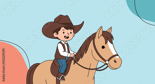 Cute cowboy riding a horse across the prairie with a big smile