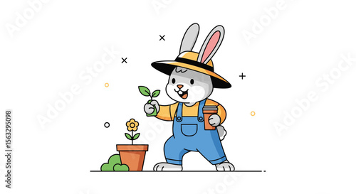 Adorable bunny gardener carefully planting a seedling into a small pot with a yellow flower nearby