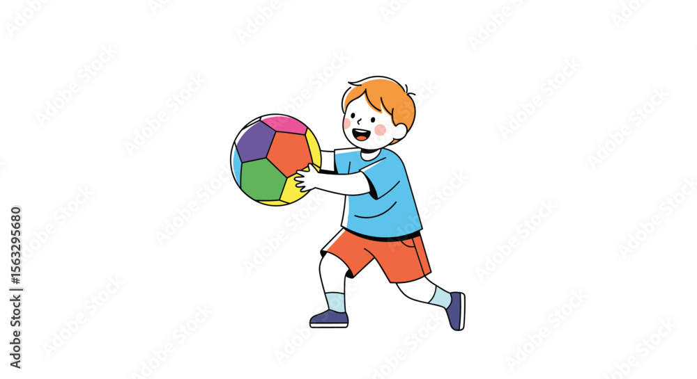 Fototapeta premium Joyful young boy actively playing with a vibrant colorful beach ball on a bright sunny day