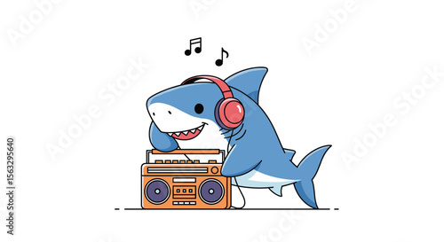Chubby cartoon shark enjoying music on a vintage boombox