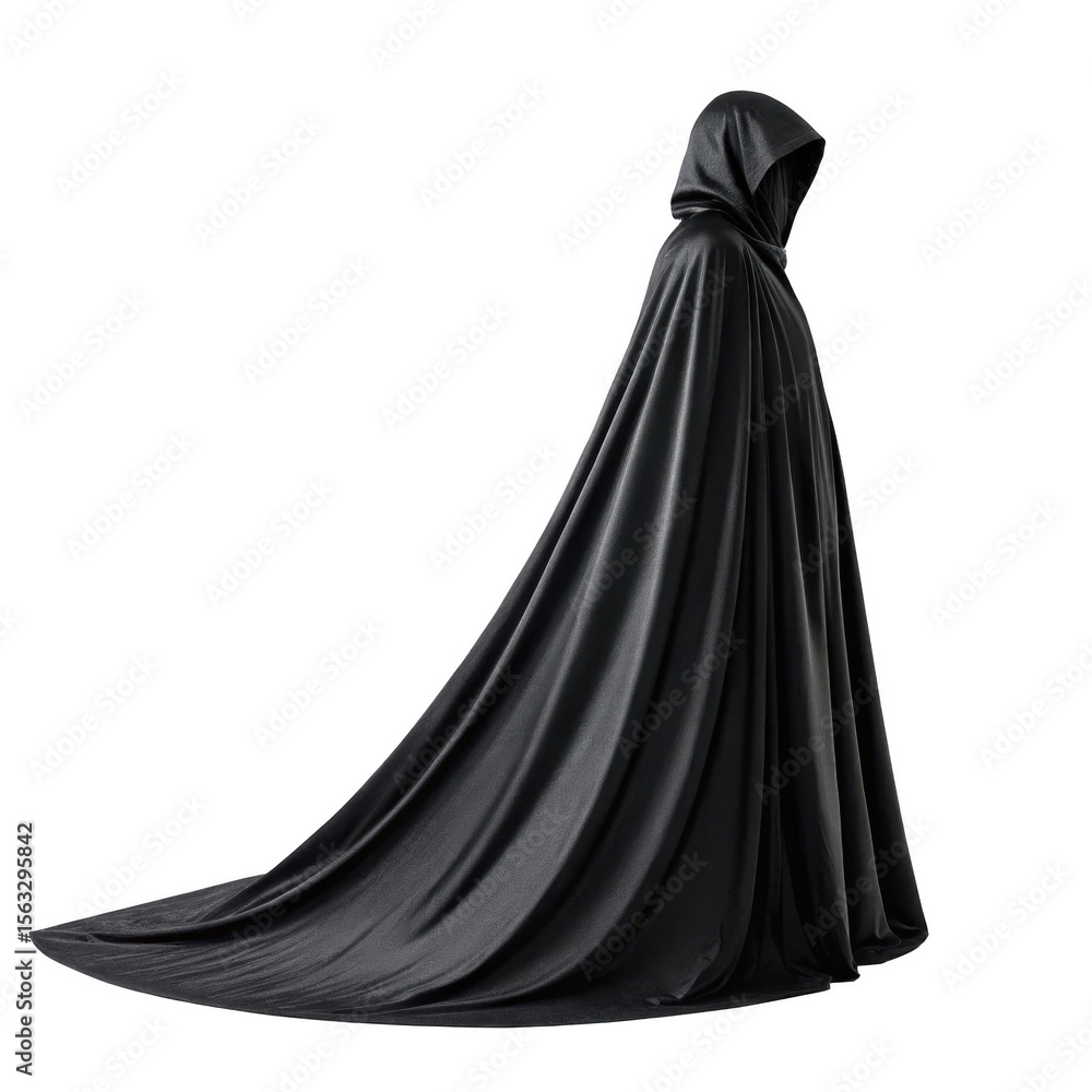 Naklejka premium A dramatic and mysterious black hooded cape on transparent 