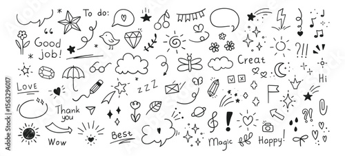Doodle collection of handdrawn clip art icons including text and simple graphics like stars clouds and hearts