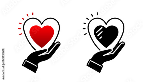 Heart in hand icon in red and black colors, symbolizing love and care