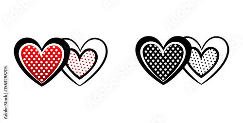 Overlapping hearts icon in red and black colors with polka dots, symbolizing love and connection