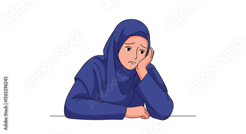 Young muslim woman feeling bored and distracted while sitting at a table