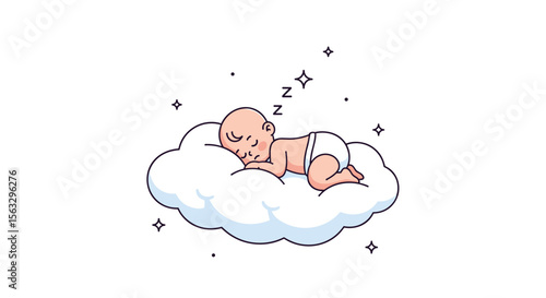 Adorable baby peacefully sleeping on a fluffy white cloud surrounded by twinkling stars