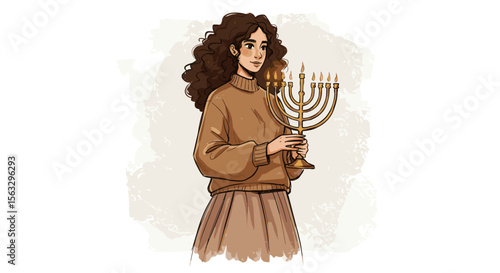 Young Jewish woman holding menorah and smiling in cozy attire  