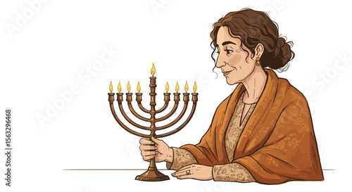 Jewish woman lighting menorah during Hanukkah celebration  