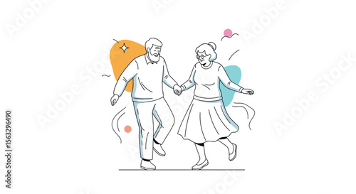 Joyful elderly couple holding hands dancing together celebrating life and happiness in a fun stylized illustration