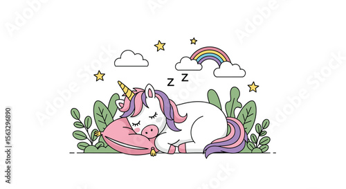 Adorable sleeping unicorn restful fantasy creature peaceful dreamland magic and wonder