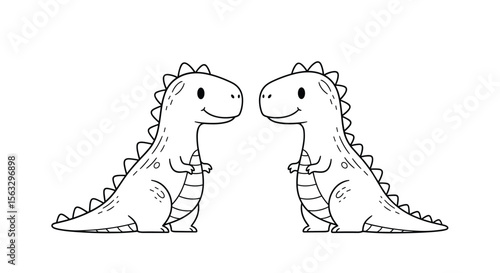 Adorable twin dinosaurs facing each other smiling with playful spikes on back
