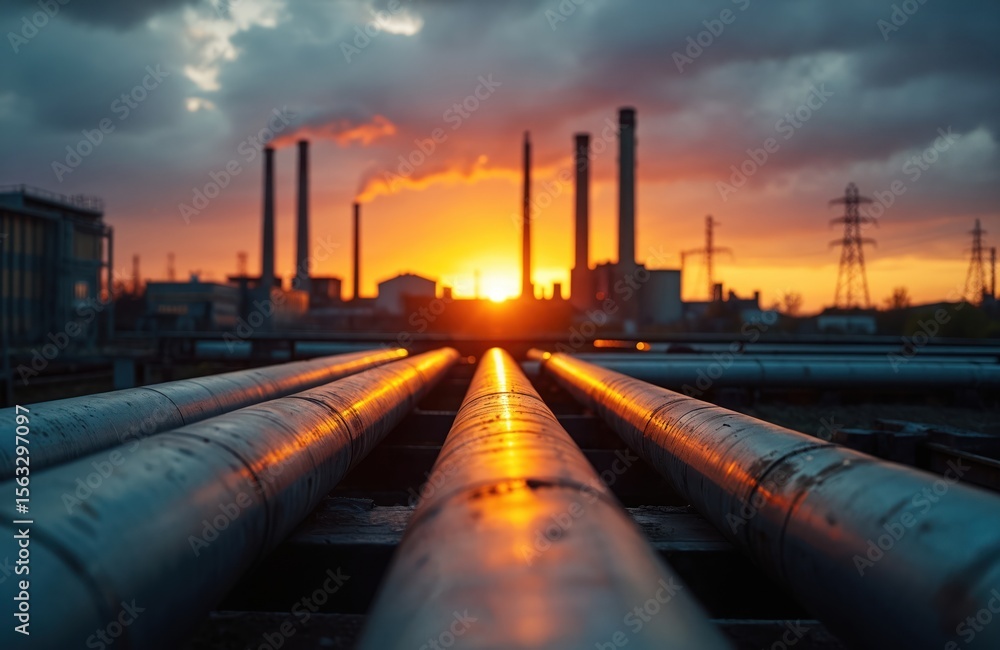 Sunset over industrial landscape with pipes, towers. Orange, blue sky colors. Heavy industry background oil refinery, energy production, environmental pollution. Urban scene, power plant silhouettes, Sunset over industrial landscape with pipes, towers. Orange, blue sky colors. Heavy industry background oil refinery, energy production, environmental pollution. Urban scene, power plant silhouettes,