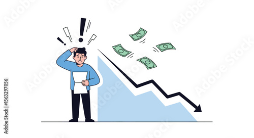 Man worried about financial decline and falling money due to economic downturn causing stress