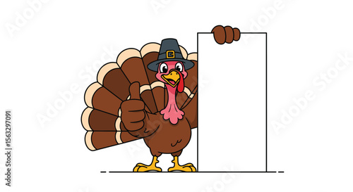 Funny cartoon turkey wearing pilgrim hat giving thumbs up next to blank signboard