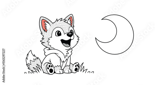 Cute baby wolf howling at a crescent moon under a starry sky illustration