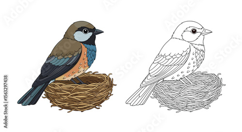 Charming little bird perched comfortably on its cozy nest awaiting nestlings