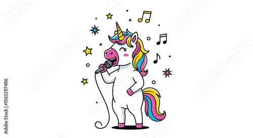 Cute unicorn singing loudly into microphone with musical notes and stars