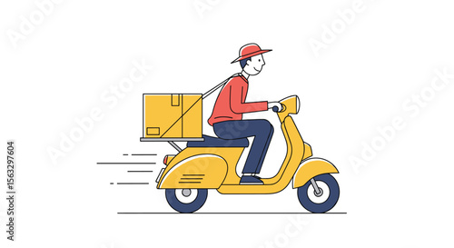 Fast delivery driver riding scooter with package for quick customer service