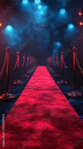 Red carpet entrance illuminated by blue and red lights in a theatrical setting with velvet ropes