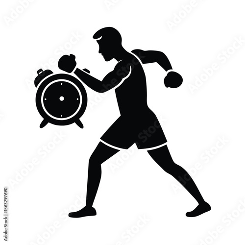 Silhouette of a boxer punching an alarm clock symbolizing time management and overcoming obstacles.