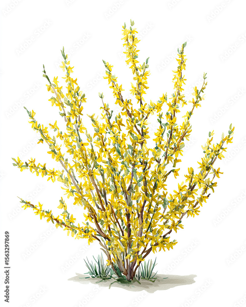 Obraz premium forsynthia plant flowering yellow watercolor illustration 