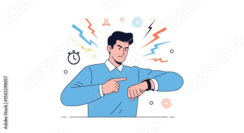 Frustrated man urgently points at wristwatch expressing time pressure and deadline stress