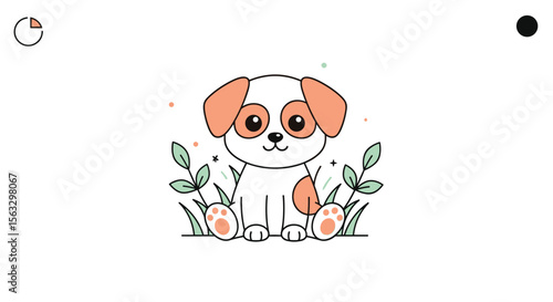 Adorable sitting puppy surrounded by greenery and orange accents