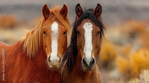 Two beautiful horses standing side by side in a serene natural setting with autumn foliage in the background during golden hour