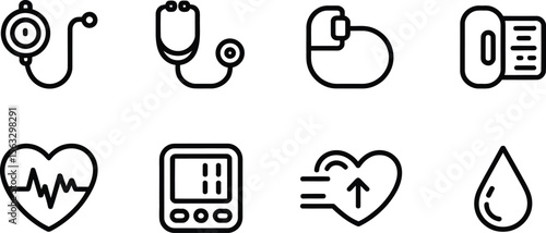 Healthcare and monitoring icons: stethoscope, heart rate, blood pressure, and health-related devices