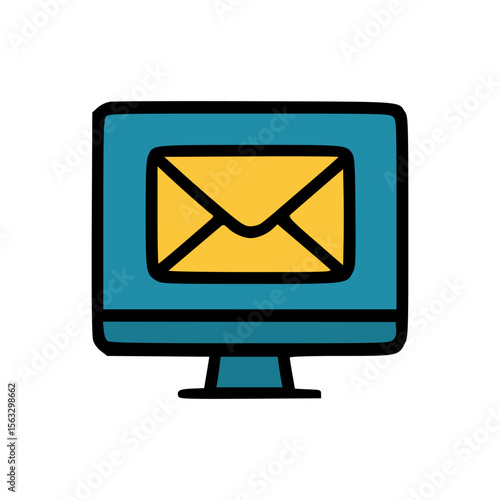 Illustration of yellow envelope on PC screen representing electronic mail, desktop message notification, or webmail