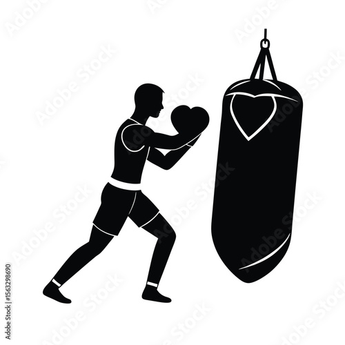 Silhouette of a boxer training with punching bag boxing workout gym fitness vector design