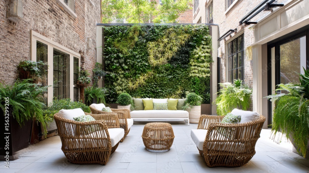 Fototapeta premium courtyard with living green wall, wicker chairs, natural fibers, cozy shaded corner