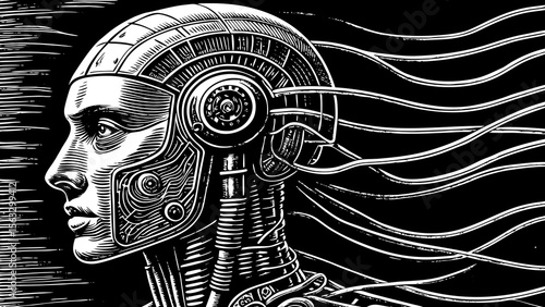 futuristic robot head with mechanical details and wires, great for tech branding, sci-fi illustrations or innovation posters a black and white line art illustration
