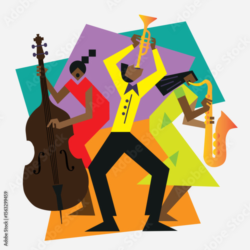 
Jazz Band, dixieland, Contrabass, saxophon, trumpet. 
Funny flat design Illustration of two women jazz musicians and man with trumpet. Isolated on white background. Vector available.	