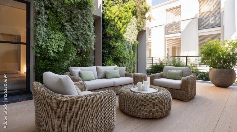 Fototapeta premium modern eco terrace, living green wall, wicker furniture, soft cushions, warm ambient light