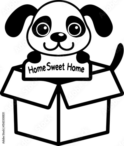 Cute cartoon dog sitting in a box, SVG with clean lines.Cute Puppy in a Box with Home Sweet Home Sign