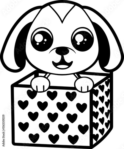 Cute cartoon dog sitting in a box, SVG with clean lines.Cute Cartoon Dog Peeking Out of Heart Box Illustration
