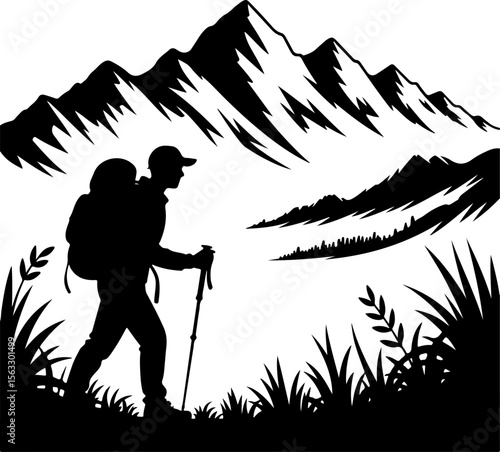 Hiker in Mountain Landscape Silhouette vector 