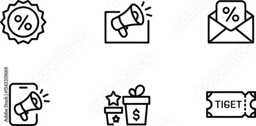 Discount, megaphone, coupon, and promotional symbols representing offers, sales, and marketing campaigns