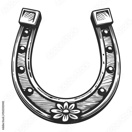 Vintage horseshoe with floral detail. Hand-drawn horseshoe illustration in engraving style.  Detailed horseshoe image perfect for western themed designs.