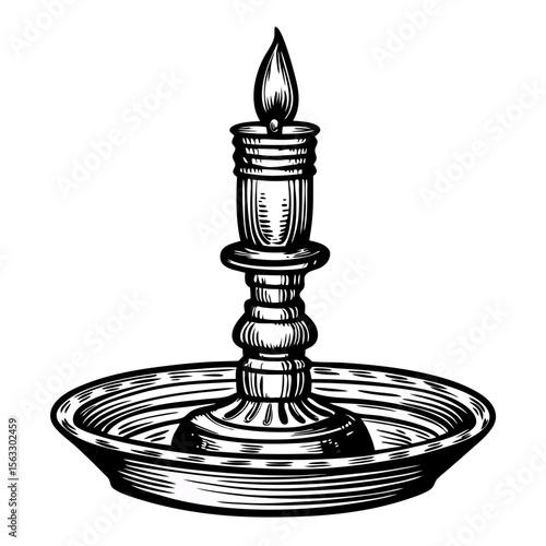 Classic candle holder with lit candle and decorative base. Elegant candlestick design with detailed engravings and ornate metal stand.
