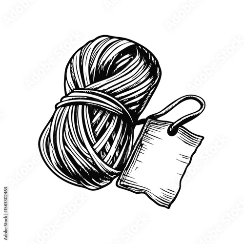 Hand-drawn skein of wool yarn with blank tag. Detailed wool skein illustration perfect for knitting patterns or craft projects.