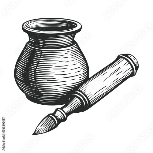 Clay pot and carving tool illustration. Hand-drawn pottery and sculpting tool design. Detailed clay pot and wooden carving tool image.  Perfect for crafting tutorials, pottery classes.