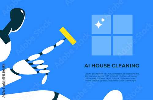 House cleaning. Window washing by AI Robot. Surface dust cleaning. Flat vector illustration.