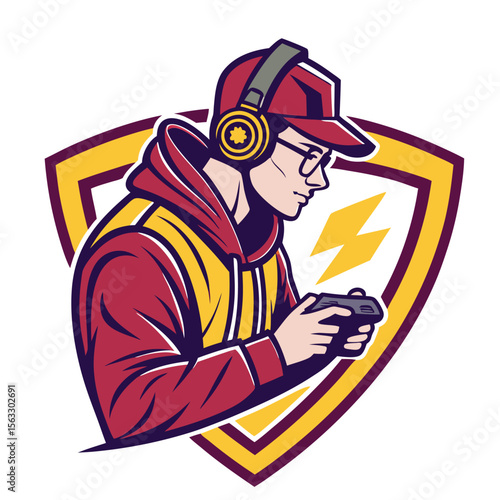 Gamer profile with headphones and video game controller