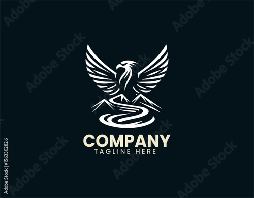 Mountain scenery with soaring eagle in minimalist vector logo concept for adventure and nature identity
