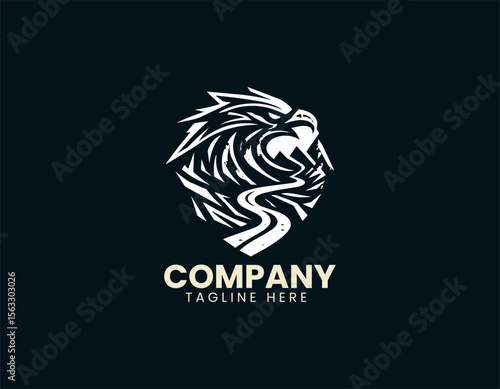 Mountain scenery with soaring eagle in minimalist vector logo concept for adventure and nature identity
