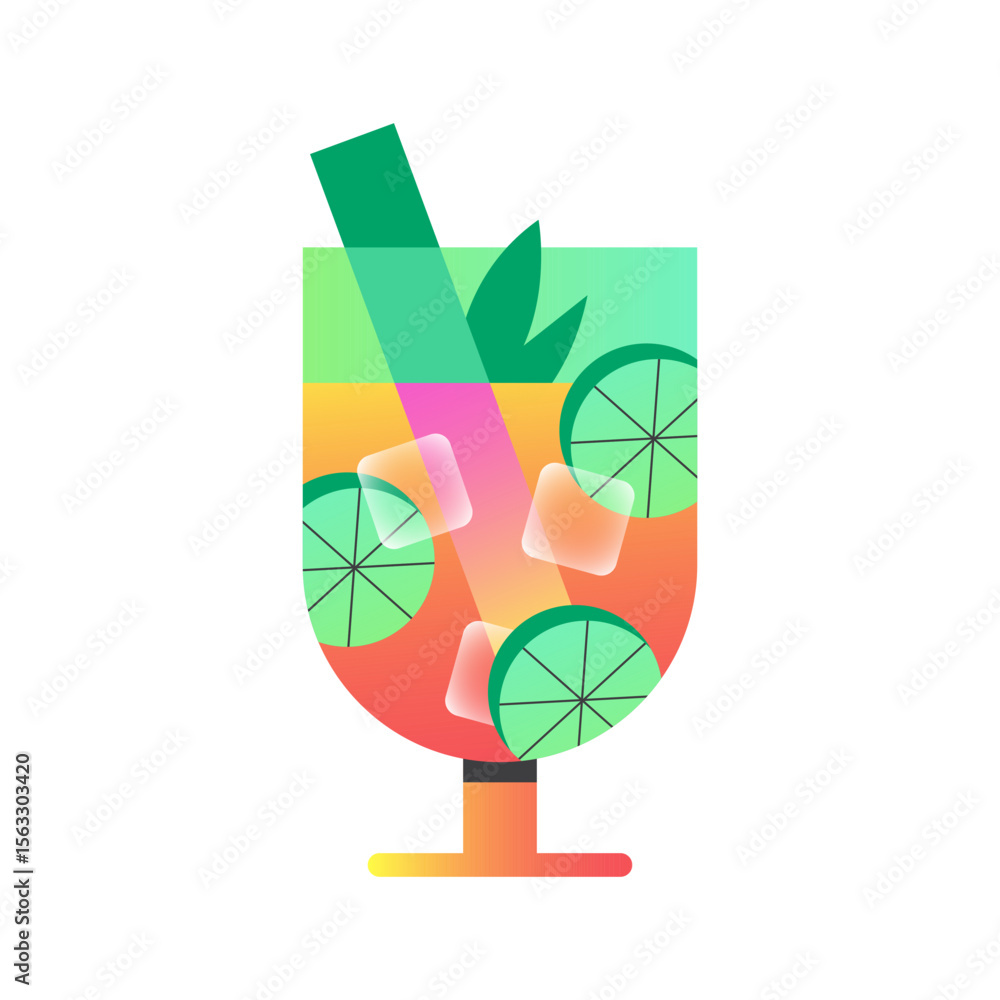Obraz premium Glass of exotic tropical summer drink with lime and ice cubes for beach bar menu. Summer alcoholic beverage. Flat vector illustration isolated on white background.